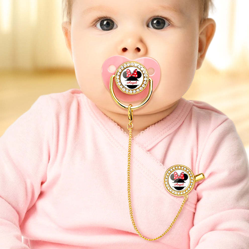 Custom Name Bling Pacifier and Pacifier Clip Set Personalized Minnie Glitter Crystal Bling Pacifier Gift for Baby - Bestchristmasgifts