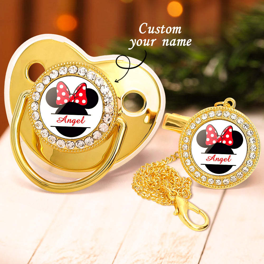 Custom Name Bling Pacifier and Pacifier Clip Set Personalized Minnie Glitter Crystal Bling Pacifier Gift for Baby - Bestchristmasgifts