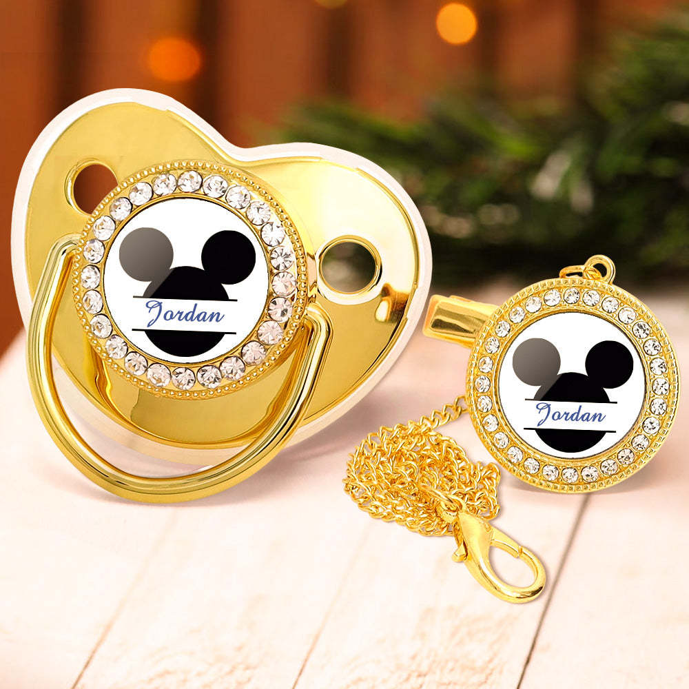 Custom Name Bling Pacifier and Pacifier Clip Set Personalized Mickey Glitter Crystal Bling Pacifier Gift for Baby