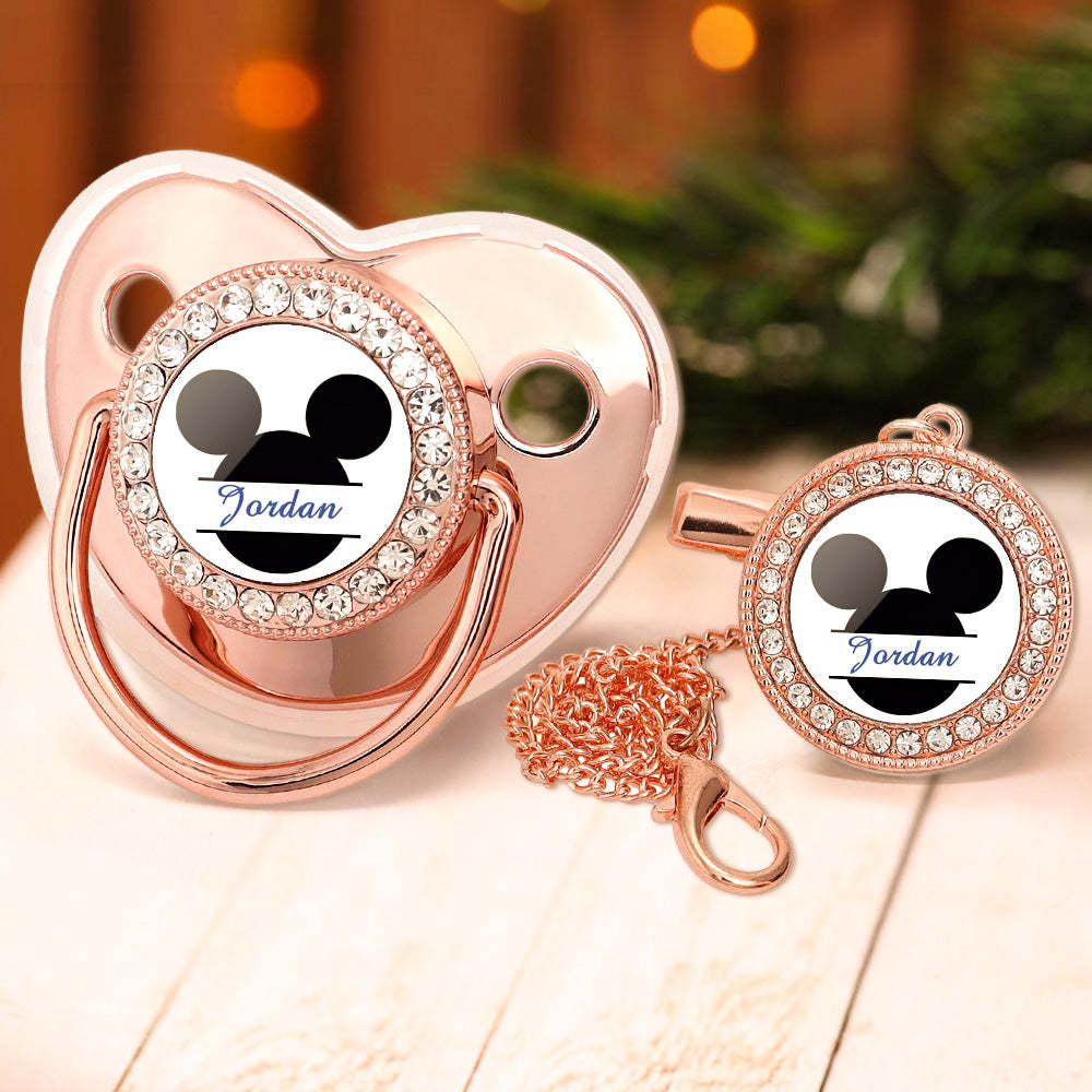 Custom Name Bling Pacifier and Pacifier Clip Set Personalized Mickey Glitter Crystal Bling Pacifier Gift for Baby - Bestchristmasgifts