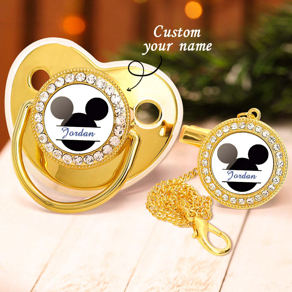 Custom Name Bling Pacifier and Pacifier Clip Set Personalized Mickey Glitter Crystal Bling Pacifier Gift for Baby - Bestchristmasgifts