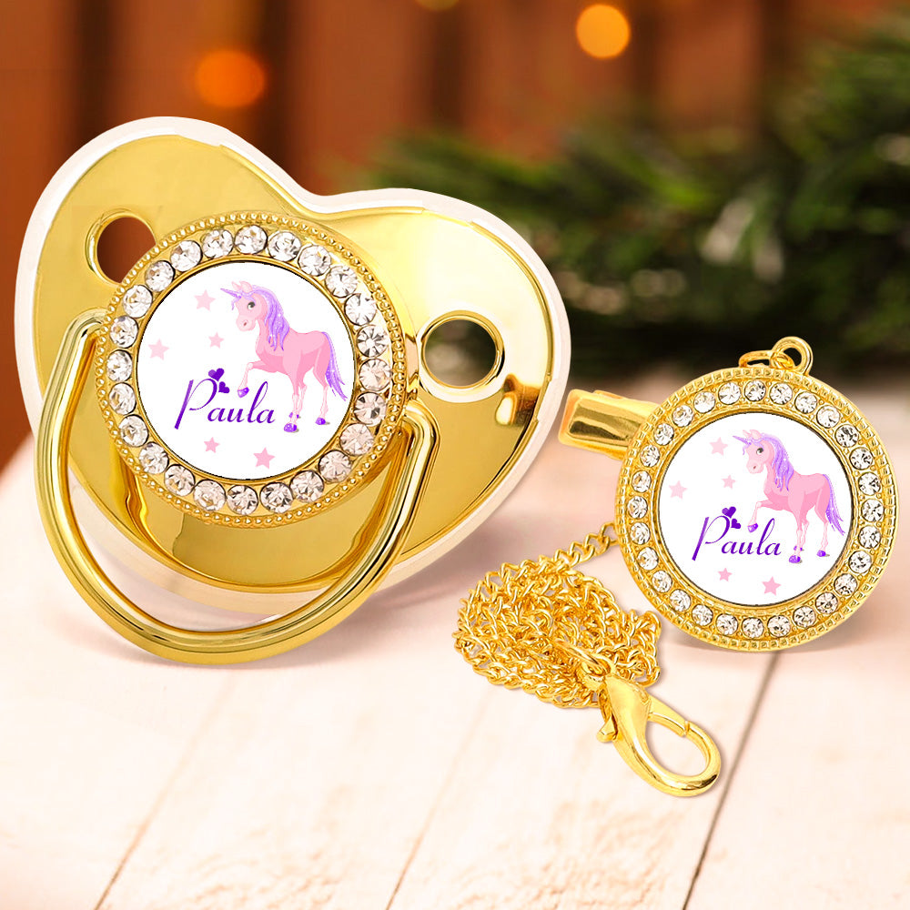 Custom Name Bling Pacifier and Pacifier Clip Set Personalized Pink Unicorn Glitter Crystal Pacifier Gift for Baby