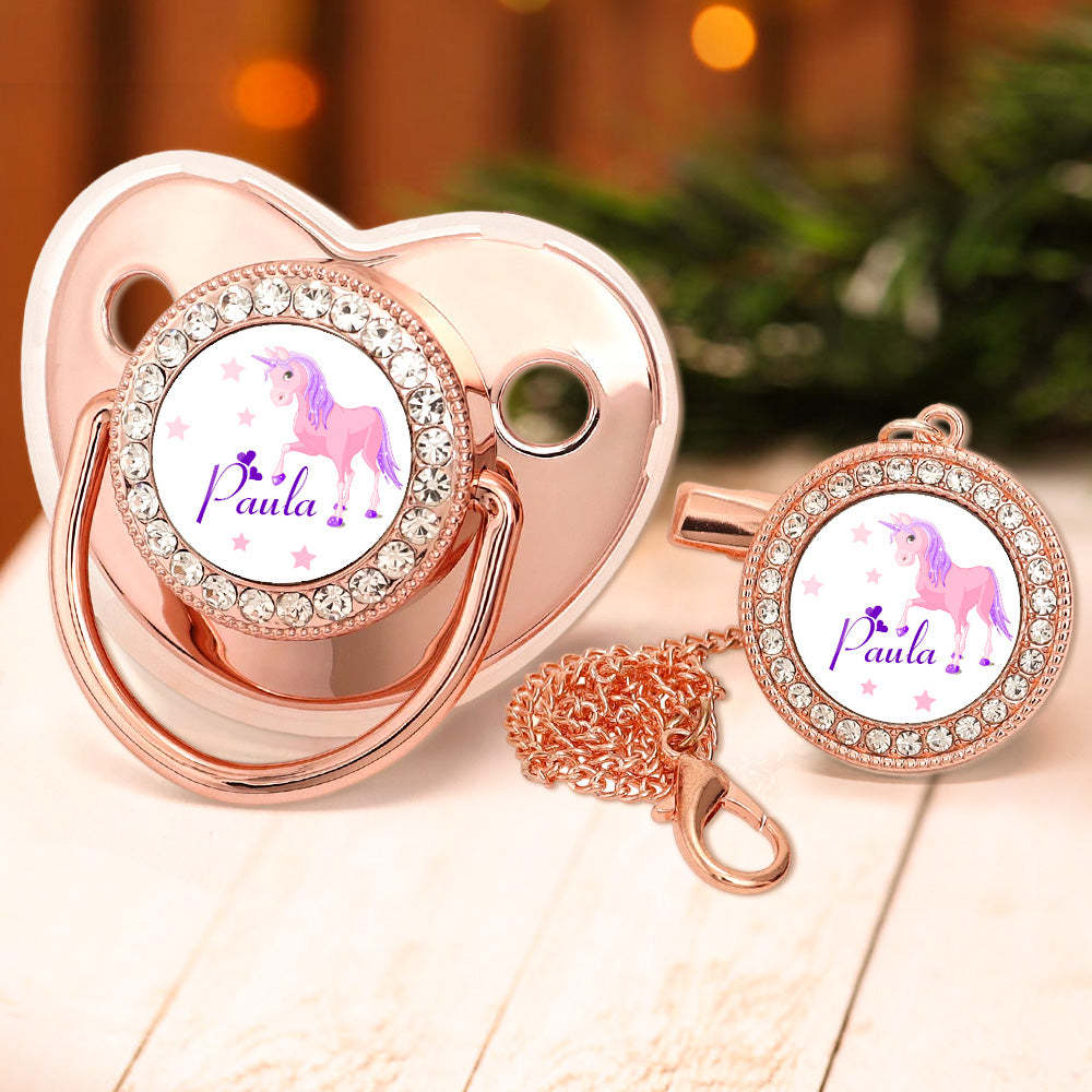 Custom Name Bling Pacifier and Pacifier Clip Set Personalized Pink Unicorn Glitter Crystal Pacifier Gift for Baby - Bestchristmasgifts
