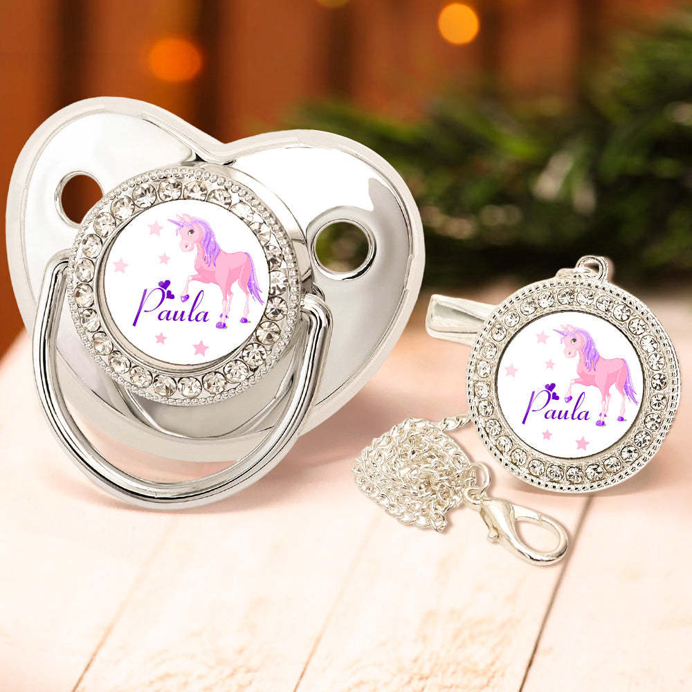 Custom Name Bling Pacifier and Pacifier Clip Set Personalized Pink Unicorn Glitter Crystal Pacifier Gift for Baby - Bestchristmasgifts