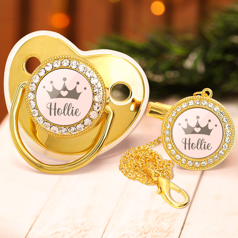 Custom Name Bling Pacifier and Pacifier Clip Set Personalized Crown Glitter Crystal Pacifier Gift for Baby