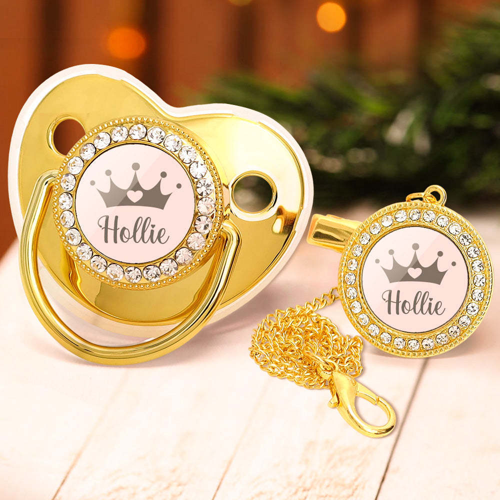 Custom Name Bling Pacifier and Pacifier Clip Set Personalized Crown Glitter Crystal Pacifier Gift for Baby