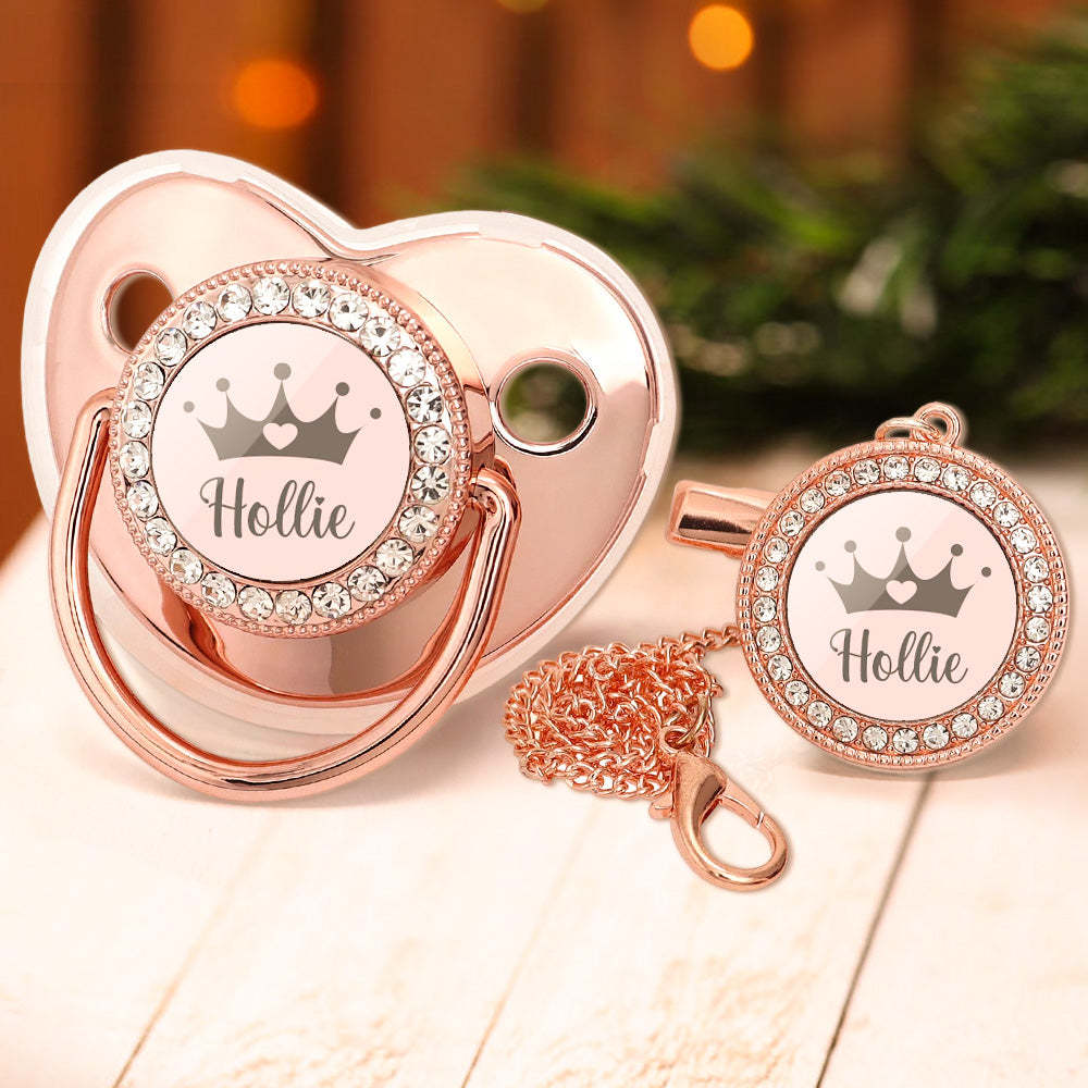Custom Name Bling Pacifier and Pacifier Clip Set Personalized Crown Glitter Crystal Pacifier Gift for Baby - Bestchristmasgifts