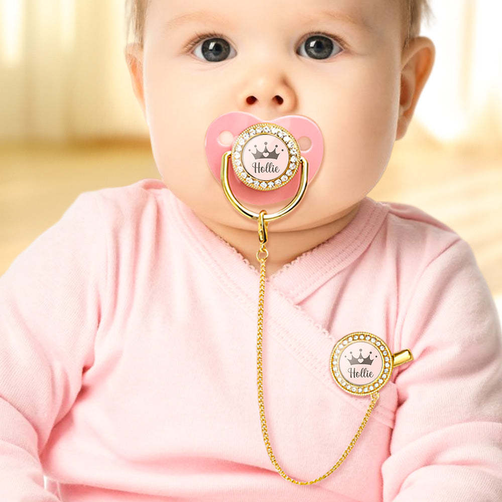 Custom Name Bling Pacifier and Pacifier Clip Set Personalized Crown Glitter Crystal Pacifier Gift for Baby - Bestchristmasgifts