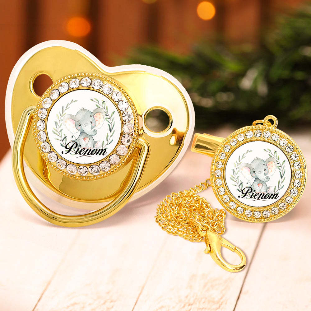 Custom Name Bling Pacifier and Pacifier Clip Set Personalized Elephant Glitter Crystal Pacifier Gift for Baby