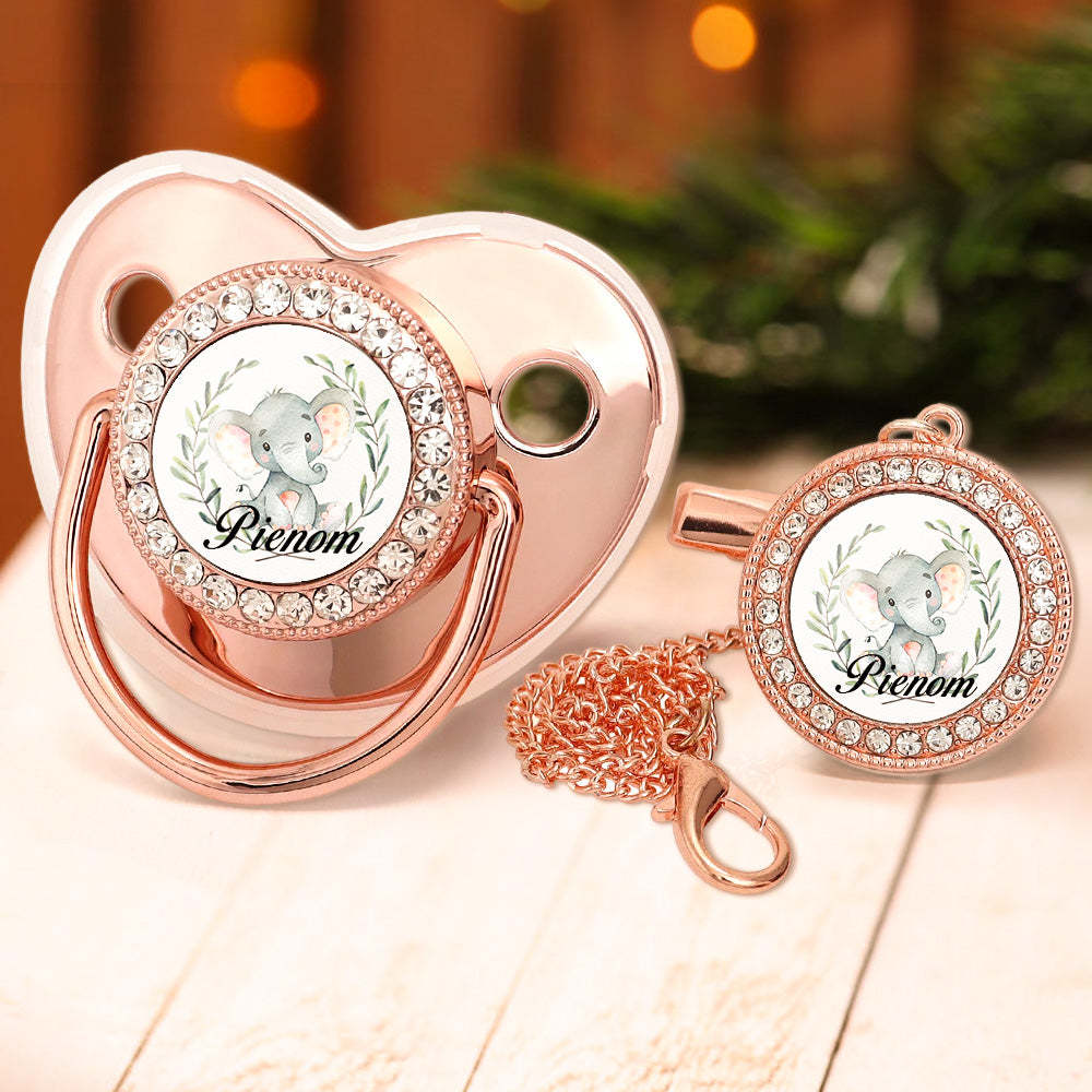 Custom Name Bling Pacifier and Pacifier Clip Set Personalized Elephant Glitter Crystal Pacifier Gift for Baby - Bestchristmasgifts