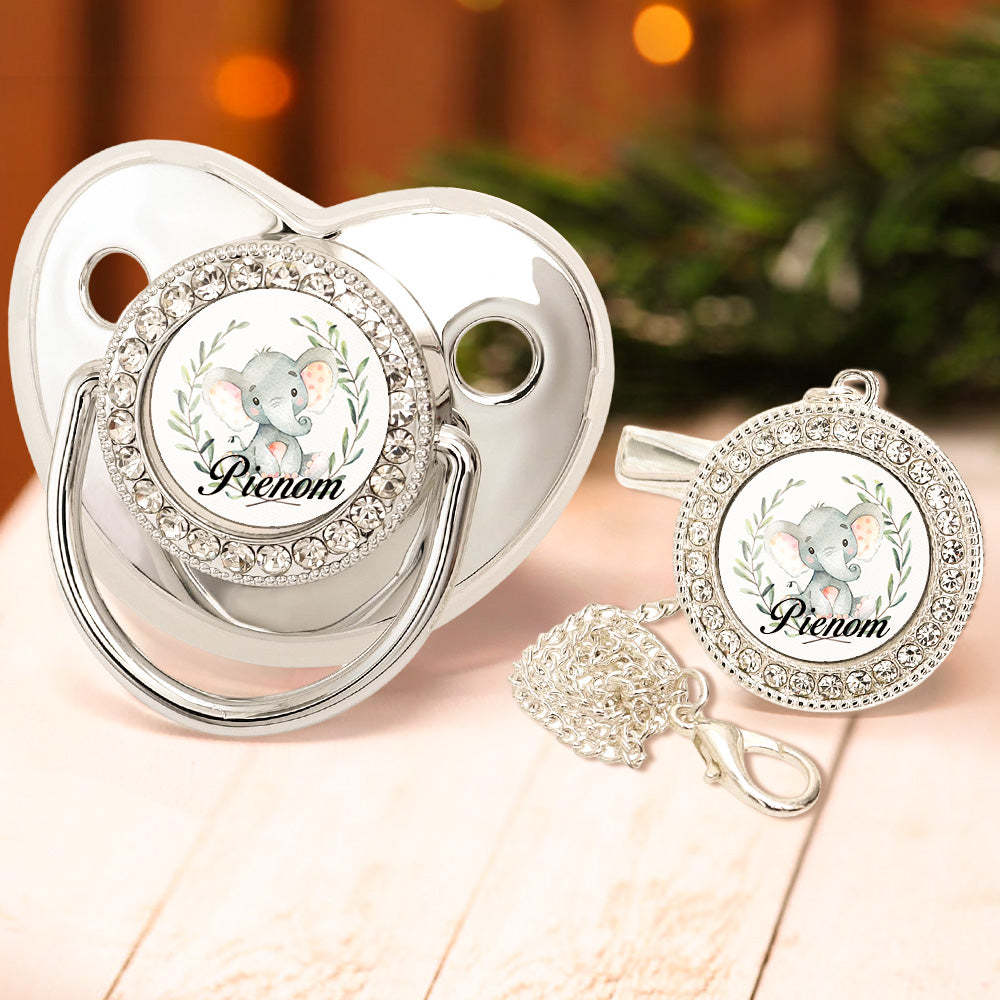 Custom Name Bling Pacifier and Pacifier Clip Set Personalized Elephant Glitter Crystal Pacifier Gift for Baby - Bestchristmasgifts