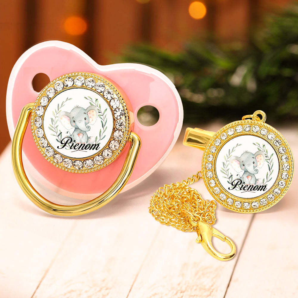 Custom Name Bling Pacifier and Pacifier Clip Set Personalized Elephant Glitter Crystal Pacifier Gift for Baby - Bestchristmasgifts