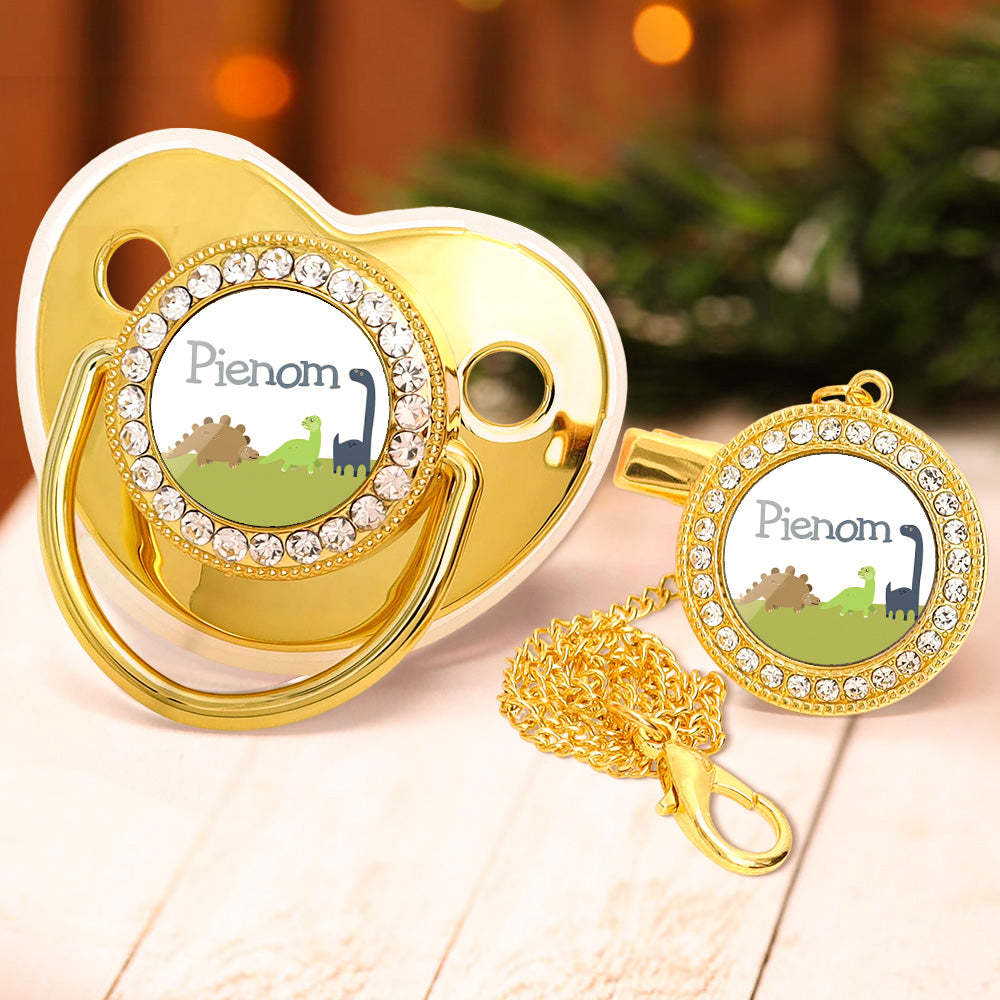 Custom Name Bling Pacifier and Pacifier Clip Set Personalized Dinosaur Glitter Crystal Pacifier Gift for Baby