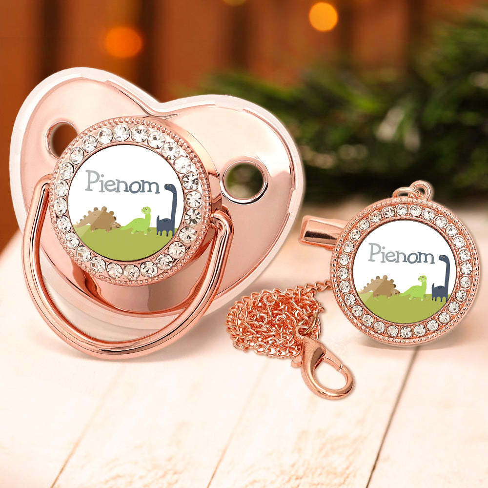 Custom Name Bling Pacifier and Pacifier Clip Set Personalized Dinosaur Glitter Crystal Pacifier Gift for Baby - Bestchristmasgifts