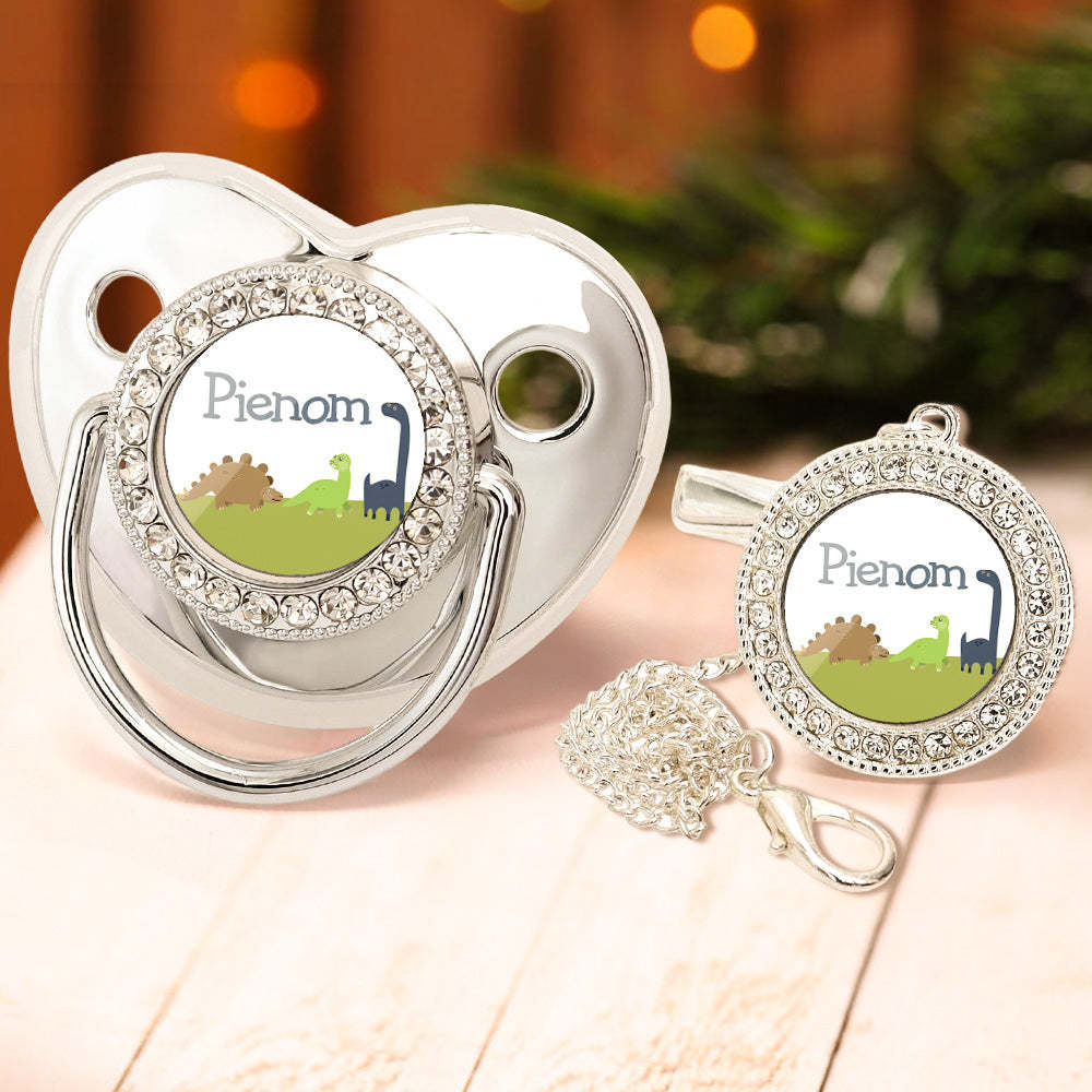 Custom Name Bling Pacifier and Pacifier Clip Set Personalized Dinosaur Glitter Crystal Pacifier Gift for Baby - Bestchristmasgifts