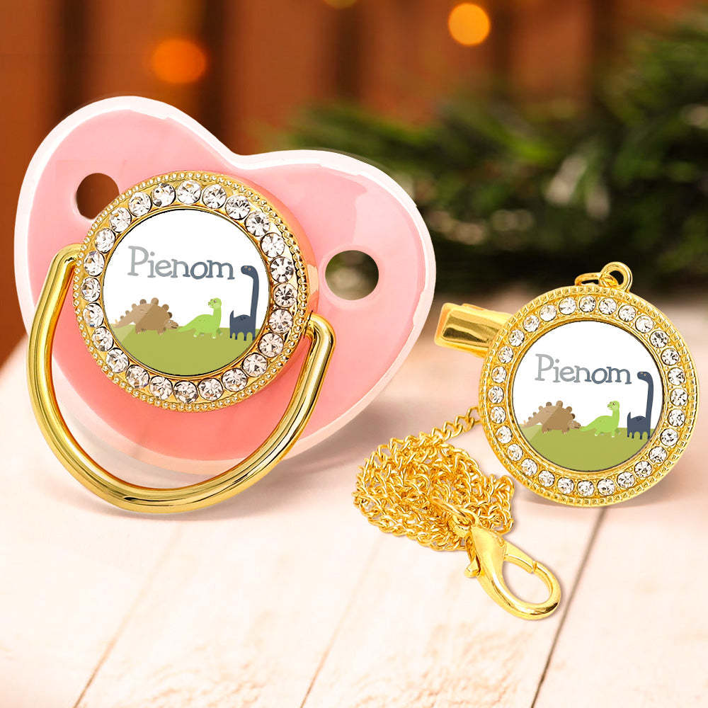 Custom Name Bling Pacifier and Pacifier Clip Set Personalized Dinosaur Glitter Crystal Pacifier Gift for Baby - Bestchristmasgifts