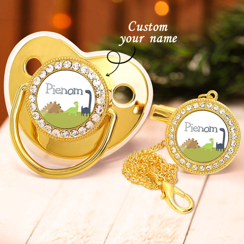 Custom Name Bling Pacifier and Pacifier Clip Set Personalized Dinosaur Glitter Crystal Pacifier Gift for Baby - Bestchristmasgifts