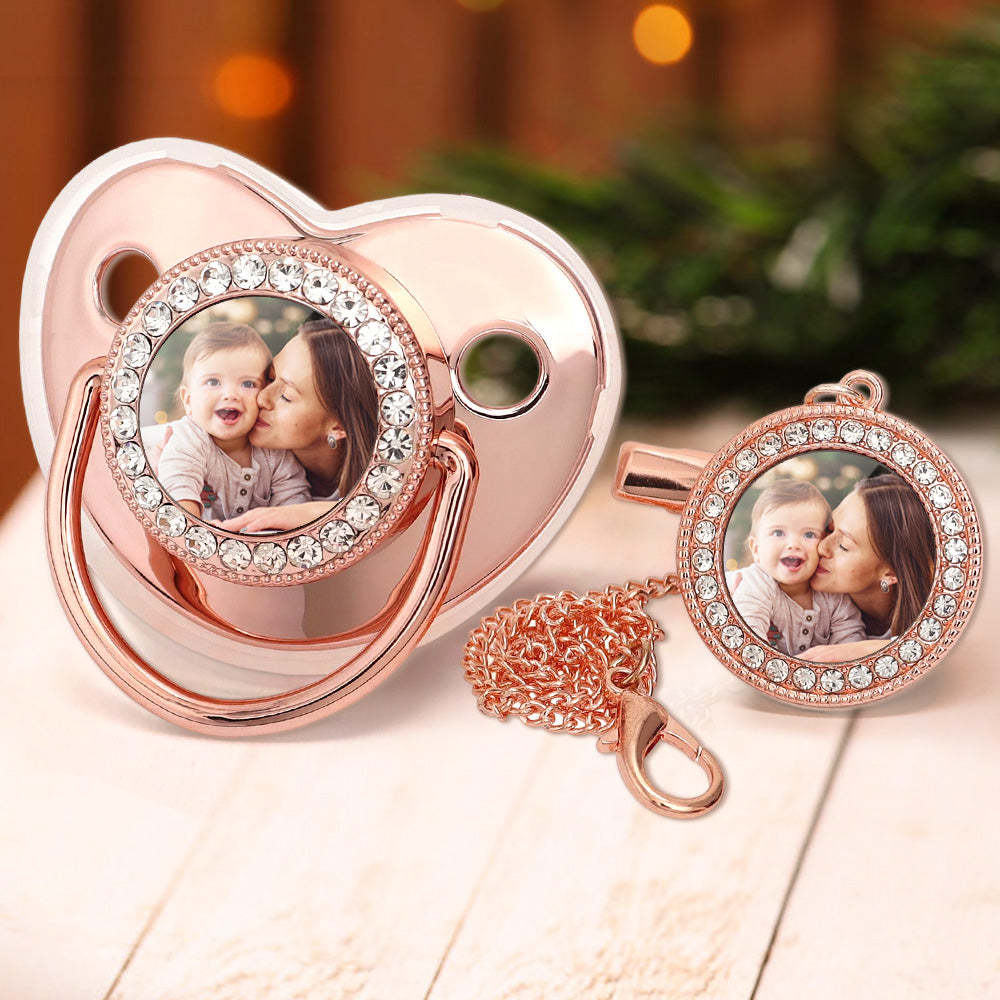 Custom Photo Bling Pacifier and Pacifier Clip Set Personalized Glitter Crystal Pacifier Gift for Baby - Bestchristmasgifts