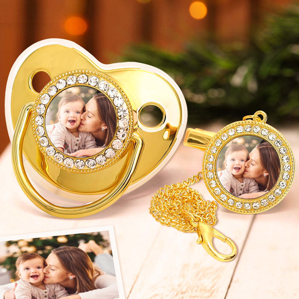 Custom Photo Bling Pacifier and Pacifier Clip Set Personalized Glitter Crystal Pacifier Gift for Baby - Bestchristmasgifts