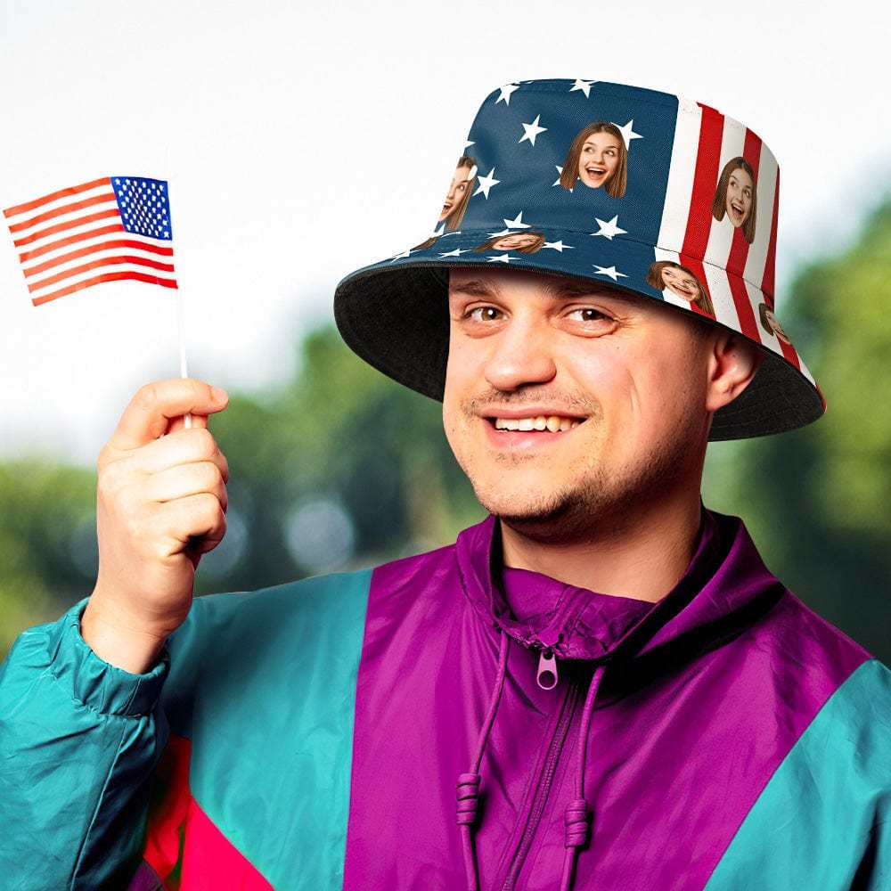 Custom Face Stripe Star Flag Bucket Hat Personalized Independence Day Fisherman Hat - Bestchristmasgifts