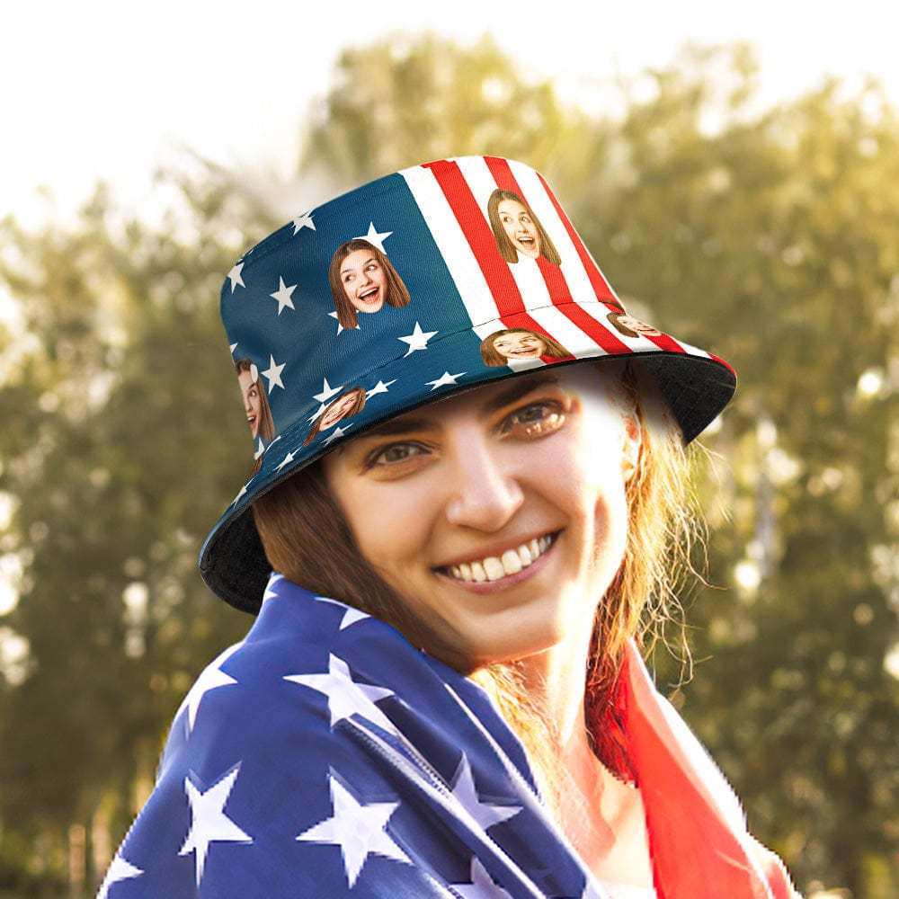 Custom Face Stripe Star Flag Bucket Hat Personalized Independence Day Fisherman Hat - Bestchristmasgifts