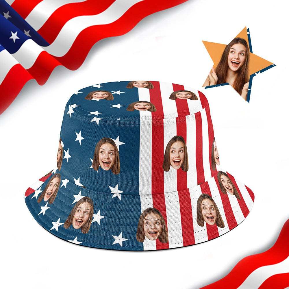 Custom Face Stripe Star Flag Bucket Hat Personalized Independence Day Fisherman Hat - Bestchristmasgifts