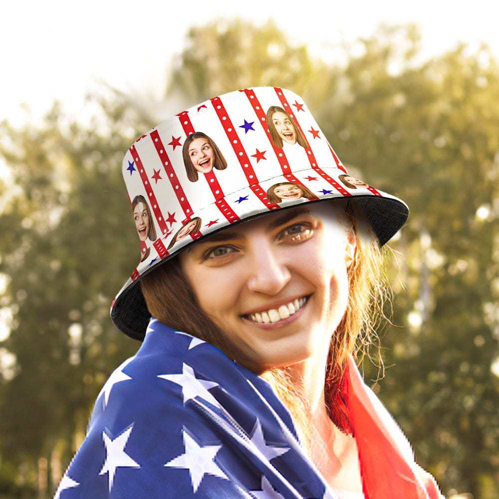 Custom Stripe Star Flag Bucket Hat Personalized Face Independence Day Fisherman Hat - Bestchristmasgifts
