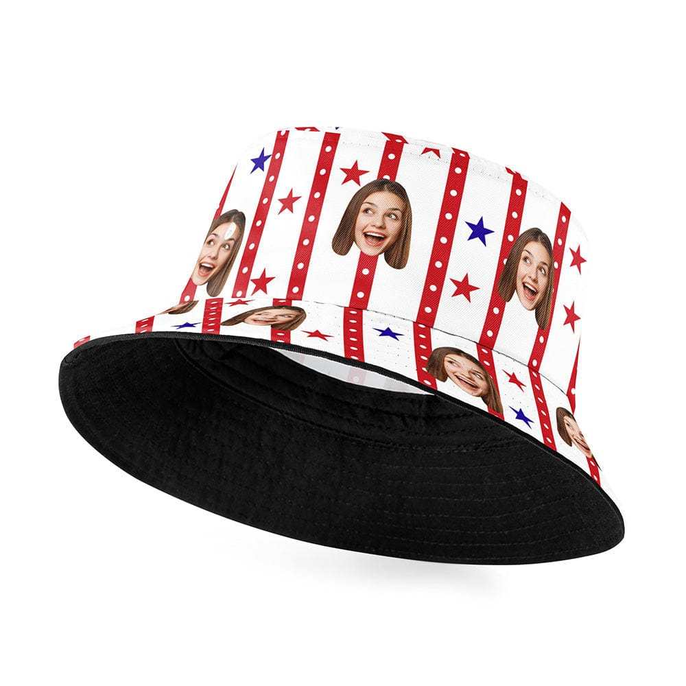 Custom Stripe Star Flag Bucket Hat Personalized Face Independence Day Fisherman Hat - Bestchristmasgifts