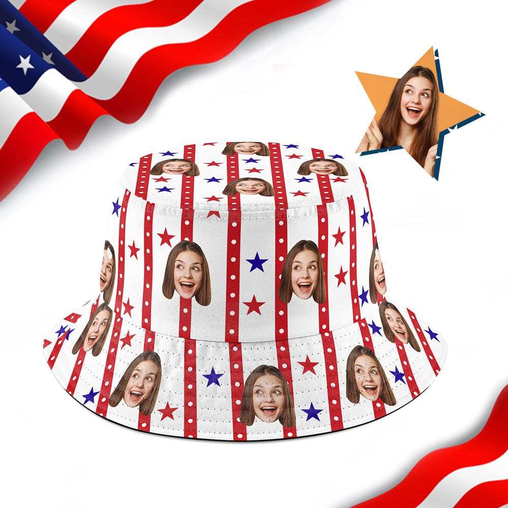 Custom Stripe Star Flag Bucket Hat Personalized Face Independence Day Fisherman Hat - Bestchristmasgifts