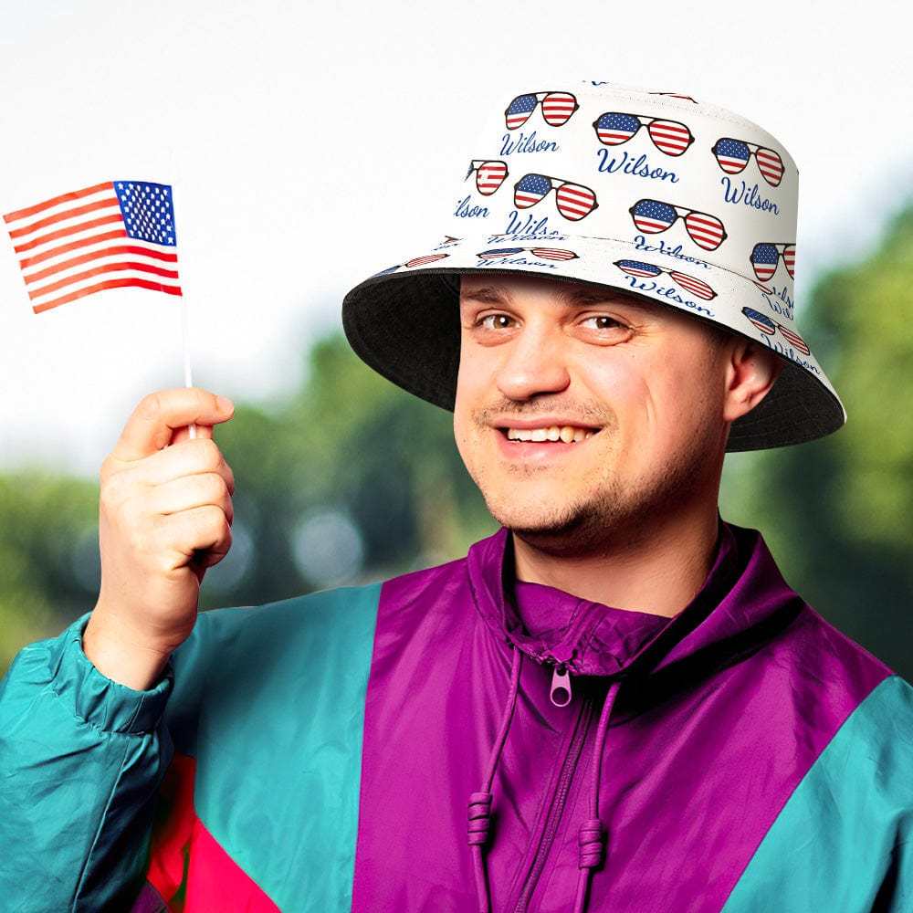 Custom Name Glasses Bucket Hat Personalized American Flag Fisherman Hat - Bestchristmasgifts