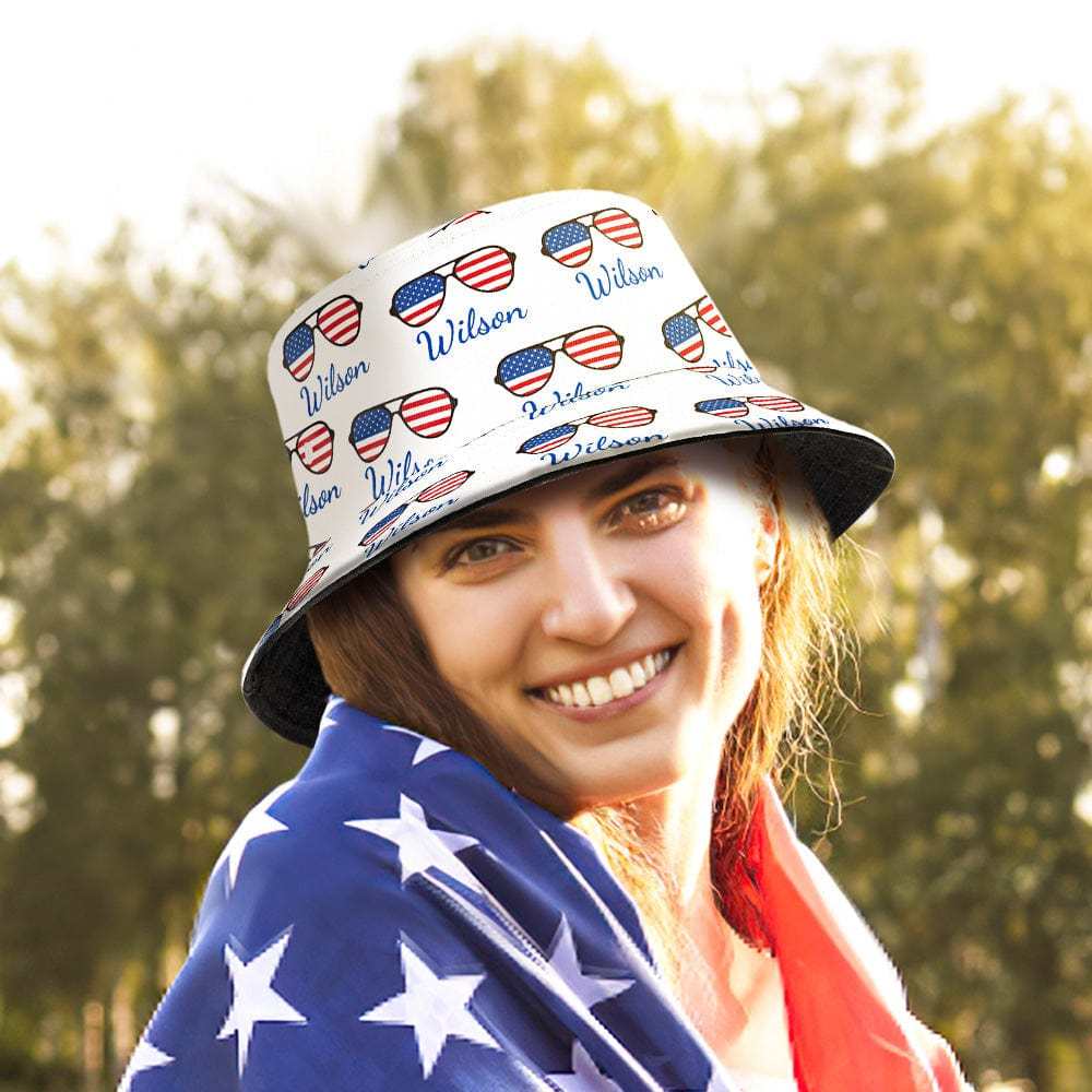 Custom Name Glasses Bucket Hat Personalized American Flag Fisherman Hat - Bestchristmasgifts