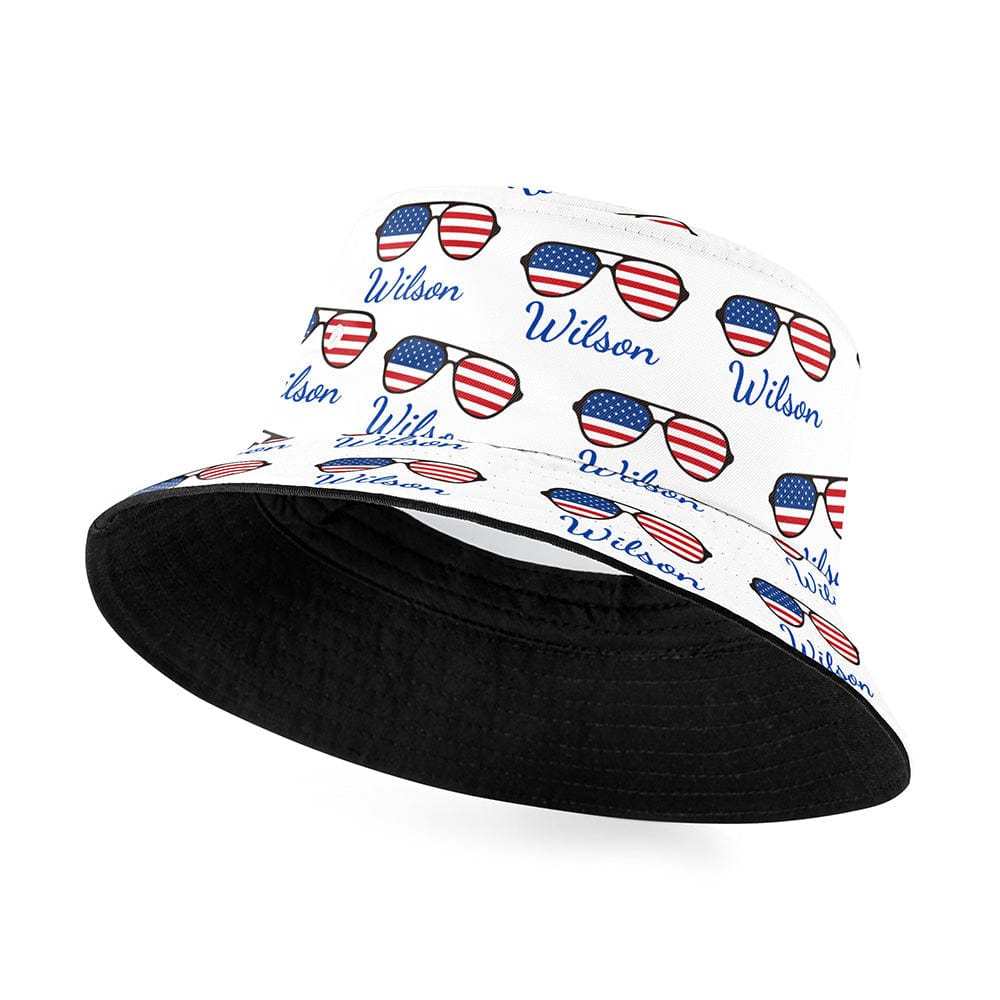 Custom Name Glasses Bucket Hat Personalized American Flag Fisherman Hat - Bestchristmasgifts