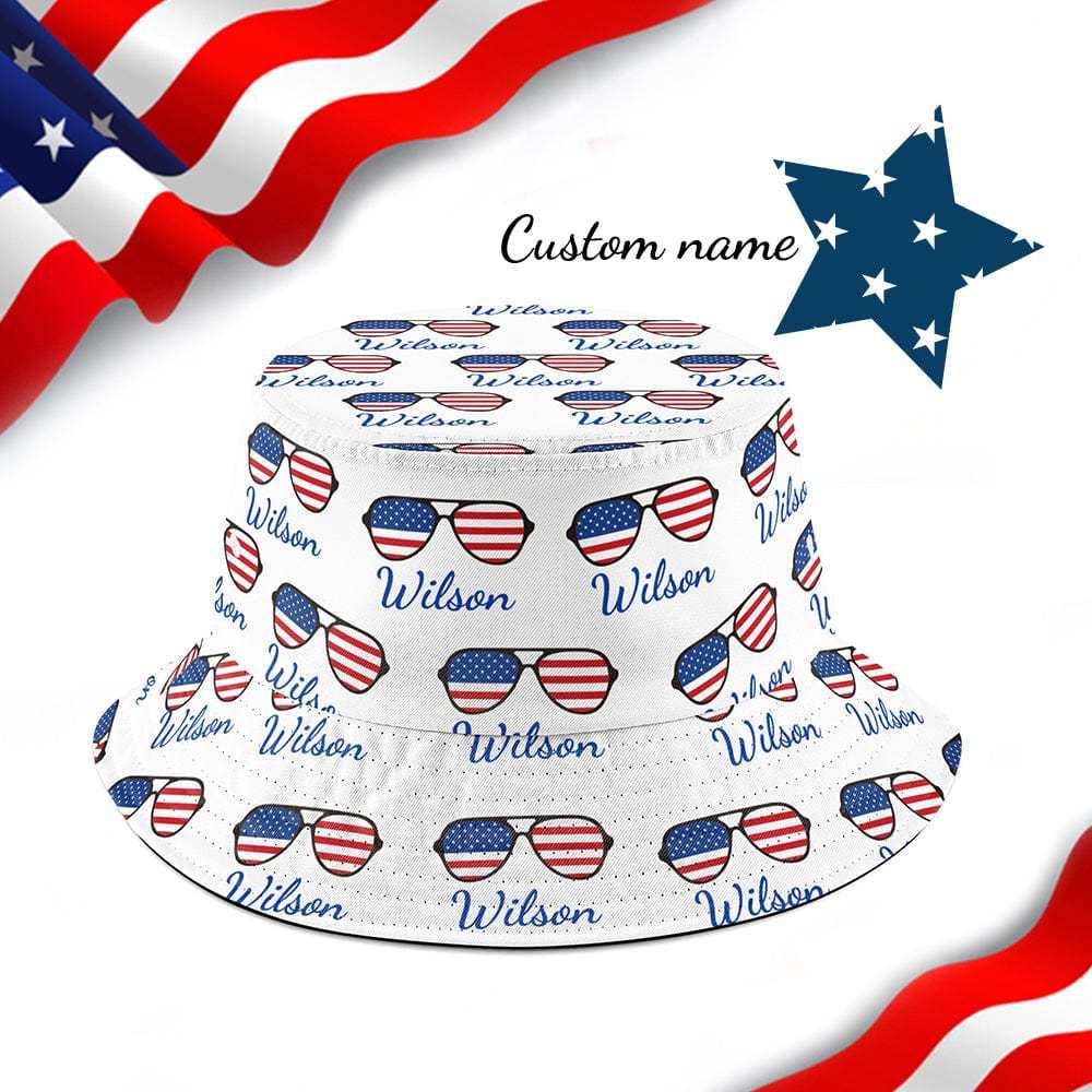 Custom Name Glasses Bucket Hat Personalized American Flag Fisherman Hat - Bestchristmasgifts