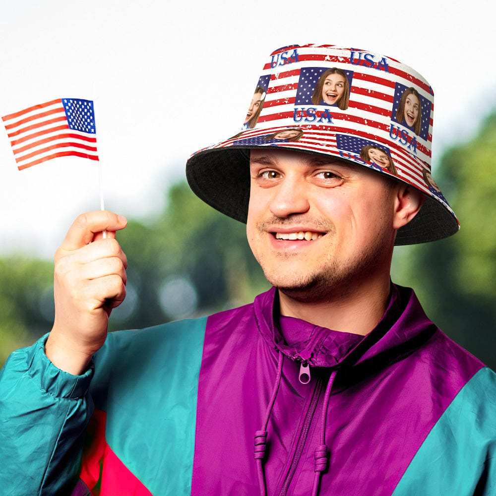 Custom Face American Flag Bucket Hat Personalized Independence Day Fisherman Hat - Bestchristmasgifts