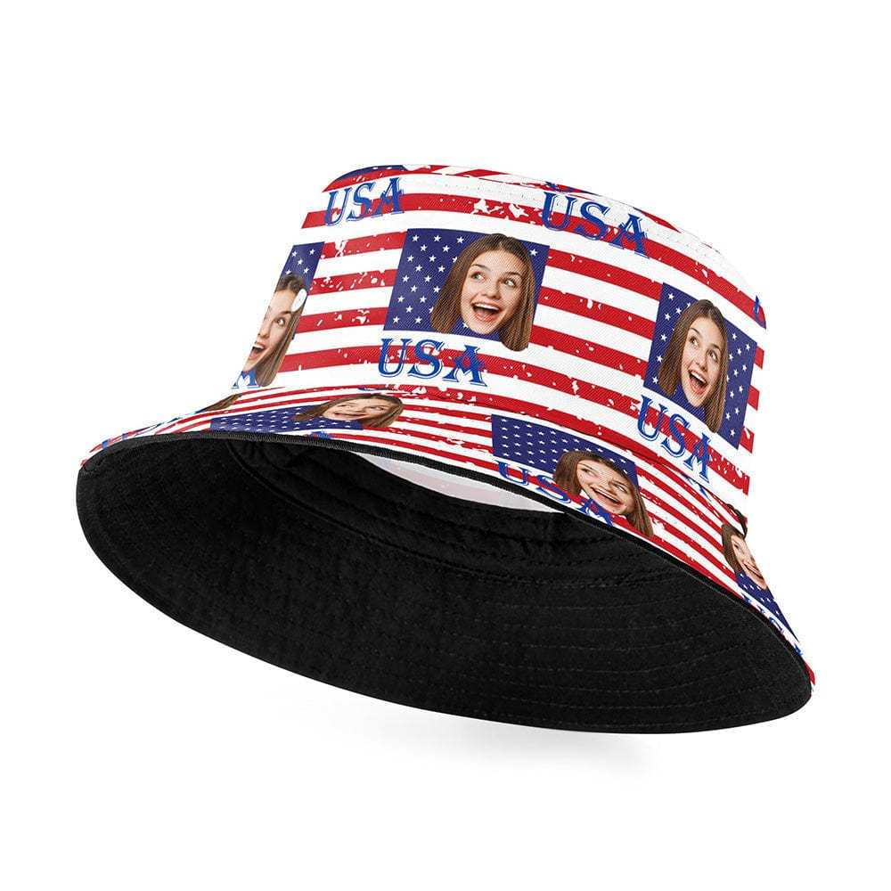 Custom Face American Flag Bucket Hat Personalized Independence Day Fisherman Hat - Bestchristmasgifts