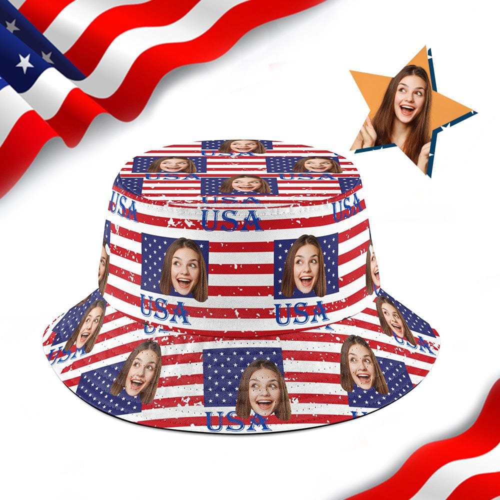 Custom Face American Flag Bucket Hat Personalized Independence Day Fisherman Hat - Bestchristmasgifts
