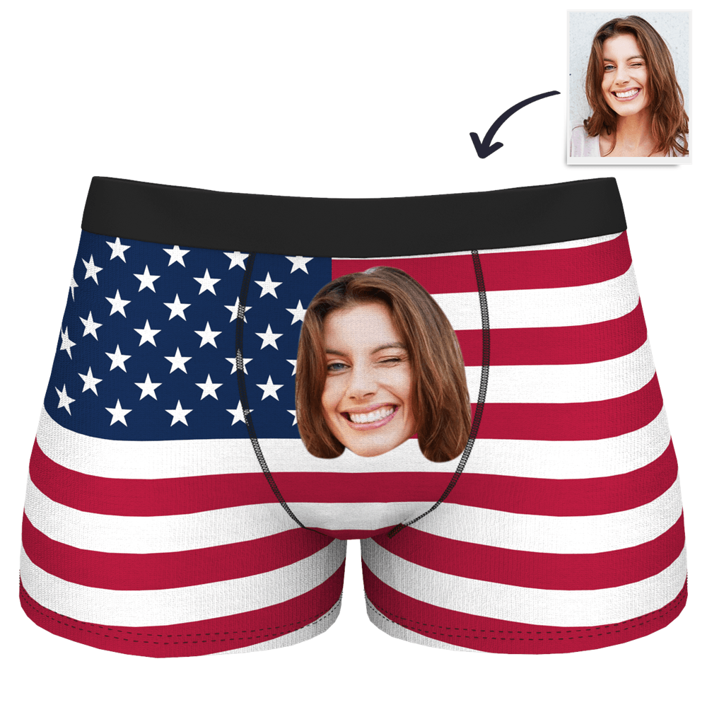 Custom Boxer With Girlfriend Face American Flag Brief Short July 4th Gifts For Boyfriend - Bestchristmasgifts