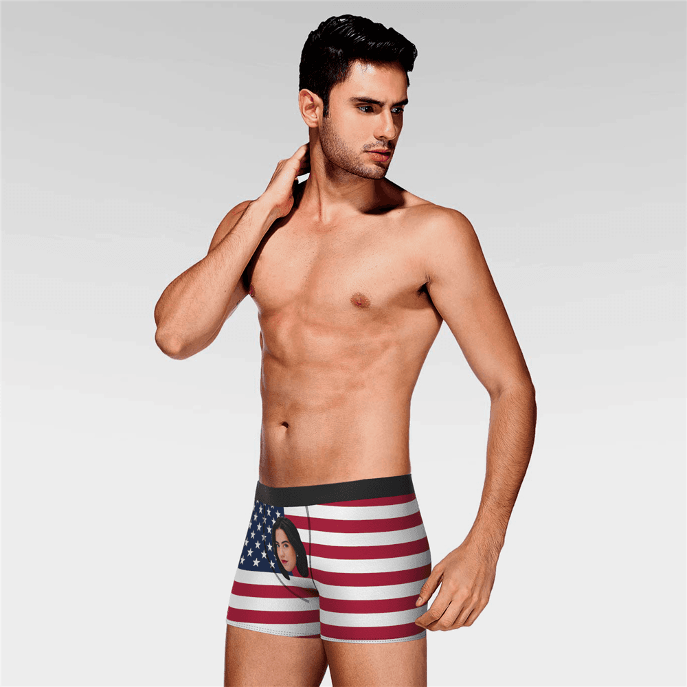 Custom Boxer With Girlfriend Face American Flag Brief Short July 4th Gifts For Boyfriend - Bestchristmasgifts