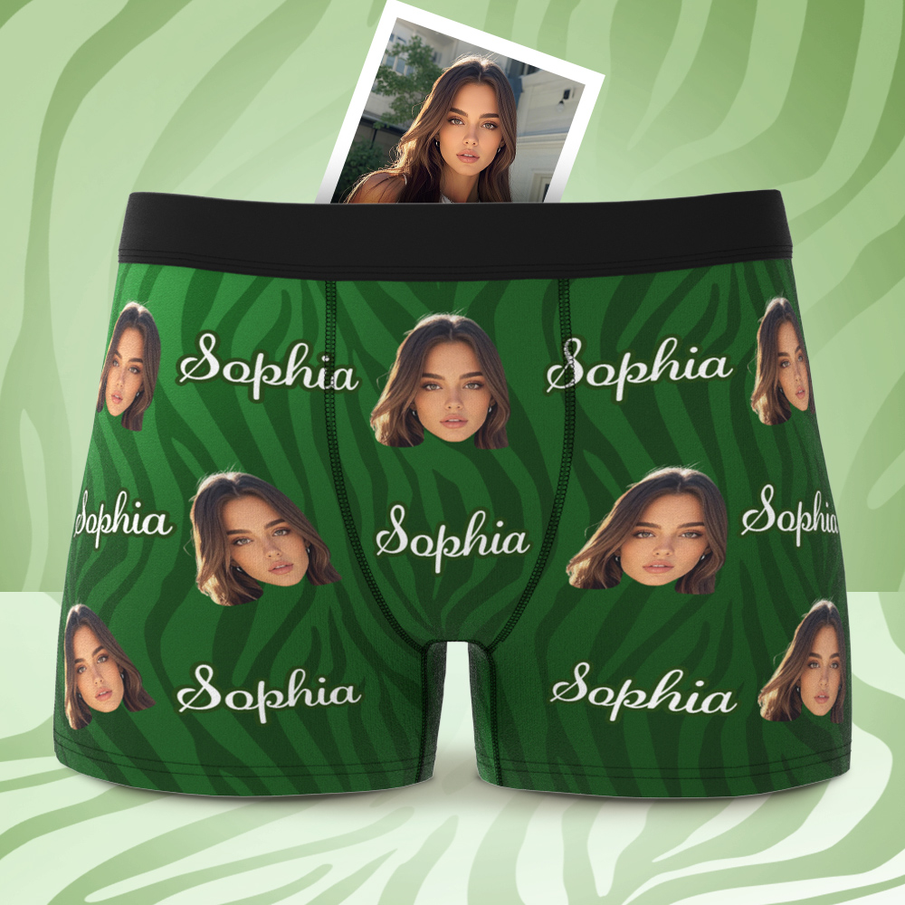 Custom Face and Text Green Stripe Boxer Shorts Men's Face Valentine's Day Gifts - Bestchristmasgifts