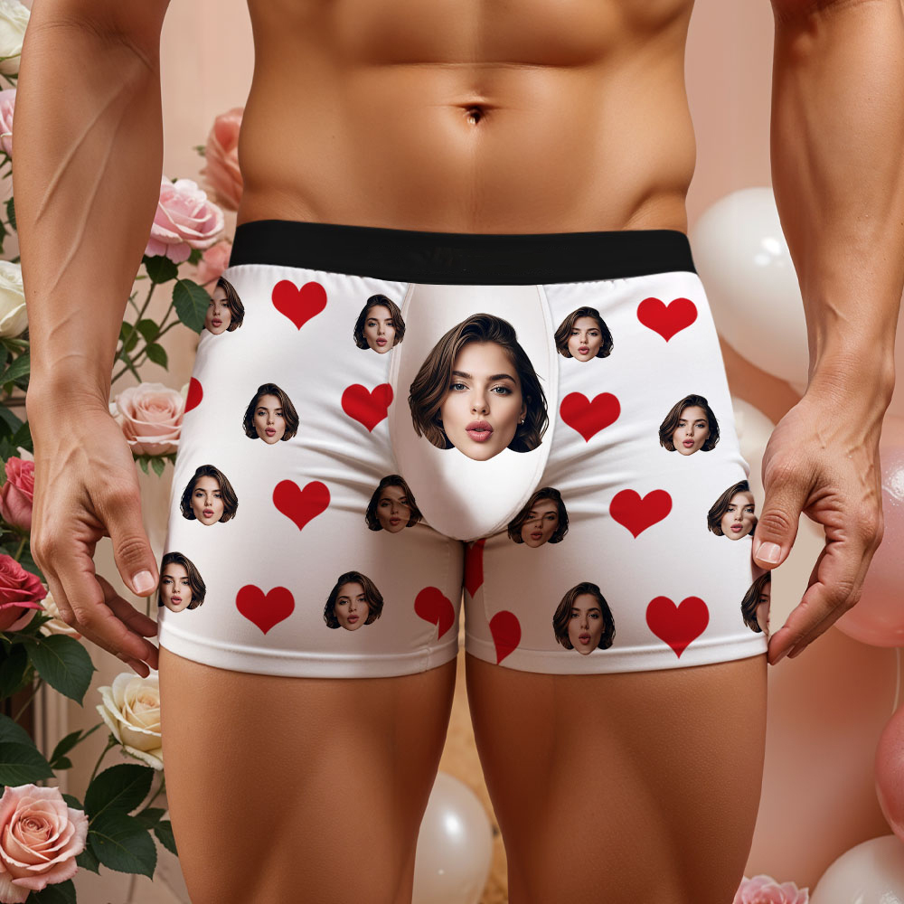 Custom Men's Face Boxer Red Heart Boxers Face Boxer Briefs Personalized White Face Boxer Briefs Valentine's Day Underwear Gift - Bestchristmasgifts