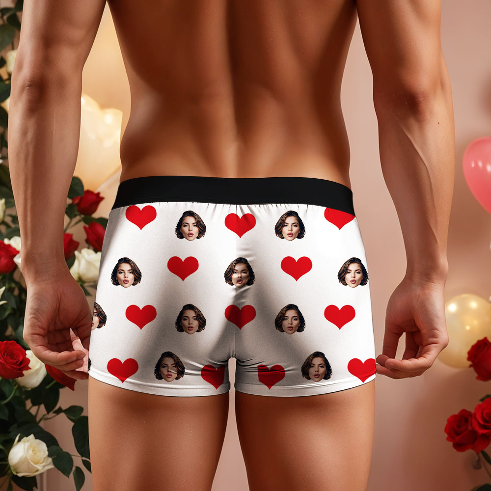 Custom Men's Face Boxer Red Heart Boxers Face Boxer Briefs Personalized White Face Boxer Briefs Valentine's Day Underwear Gift - Bestchristmasgifts