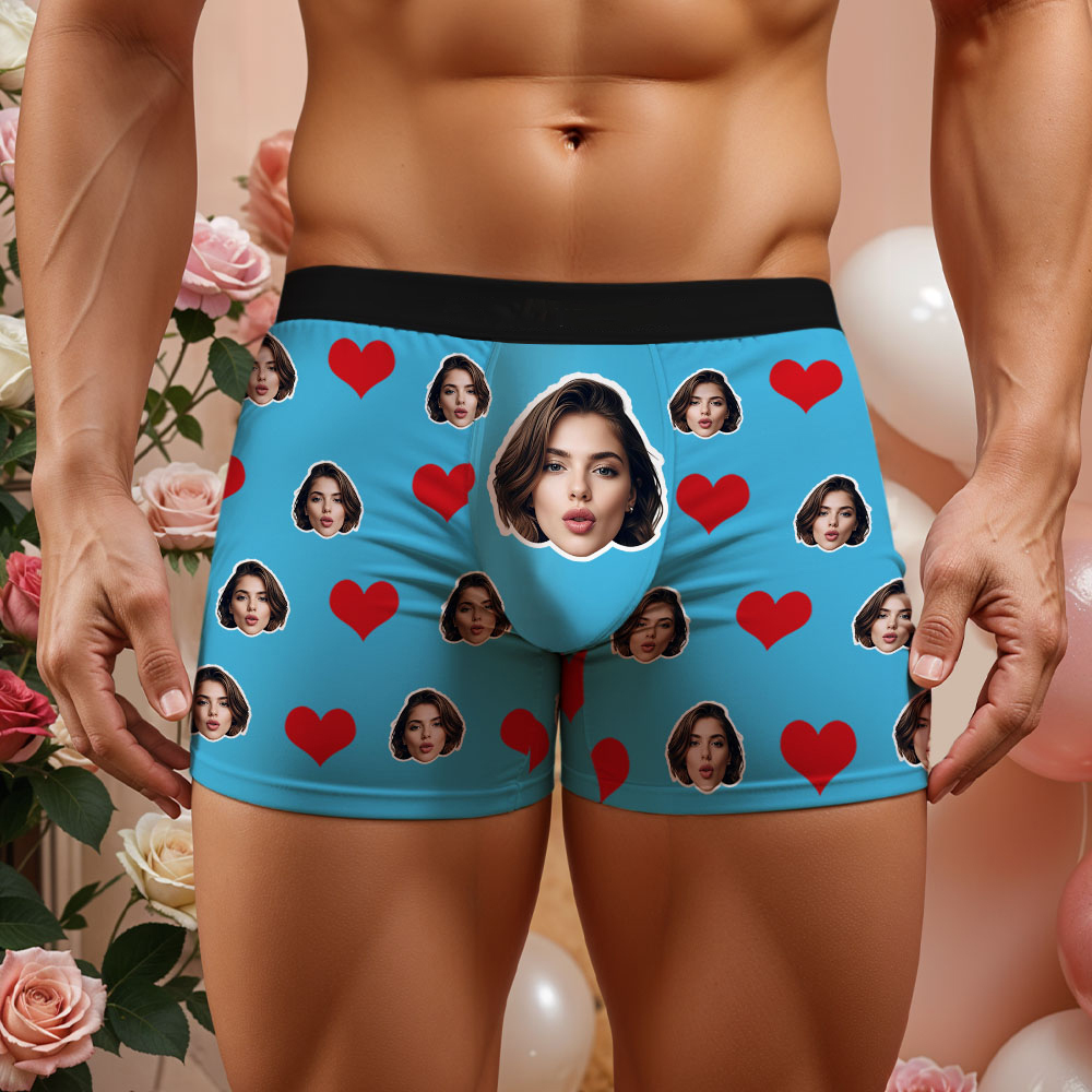 Custom Men's Face Boxer Red Heart Boxers Face Boxer Briefs Personalized White Face Boxer Briefs Valentine's Day Underwear Gift - Bestchristmasgifts