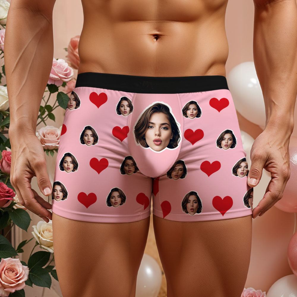 Custom Men's Face Boxer Red Heart Boxers Face Boxer Briefs Personalized White Face Boxer Briefs Valentine's Day Underwear Gift - Bestchristmasgifts