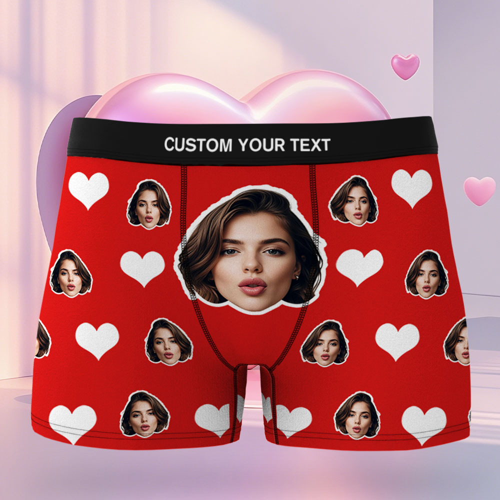 Custom Men's Face Boxer Red Heart Boxers Face Boxer Briefs Personalized White Face Boxer Briefs Valentine's Day Underwear Gift - Bestchristmasgifts