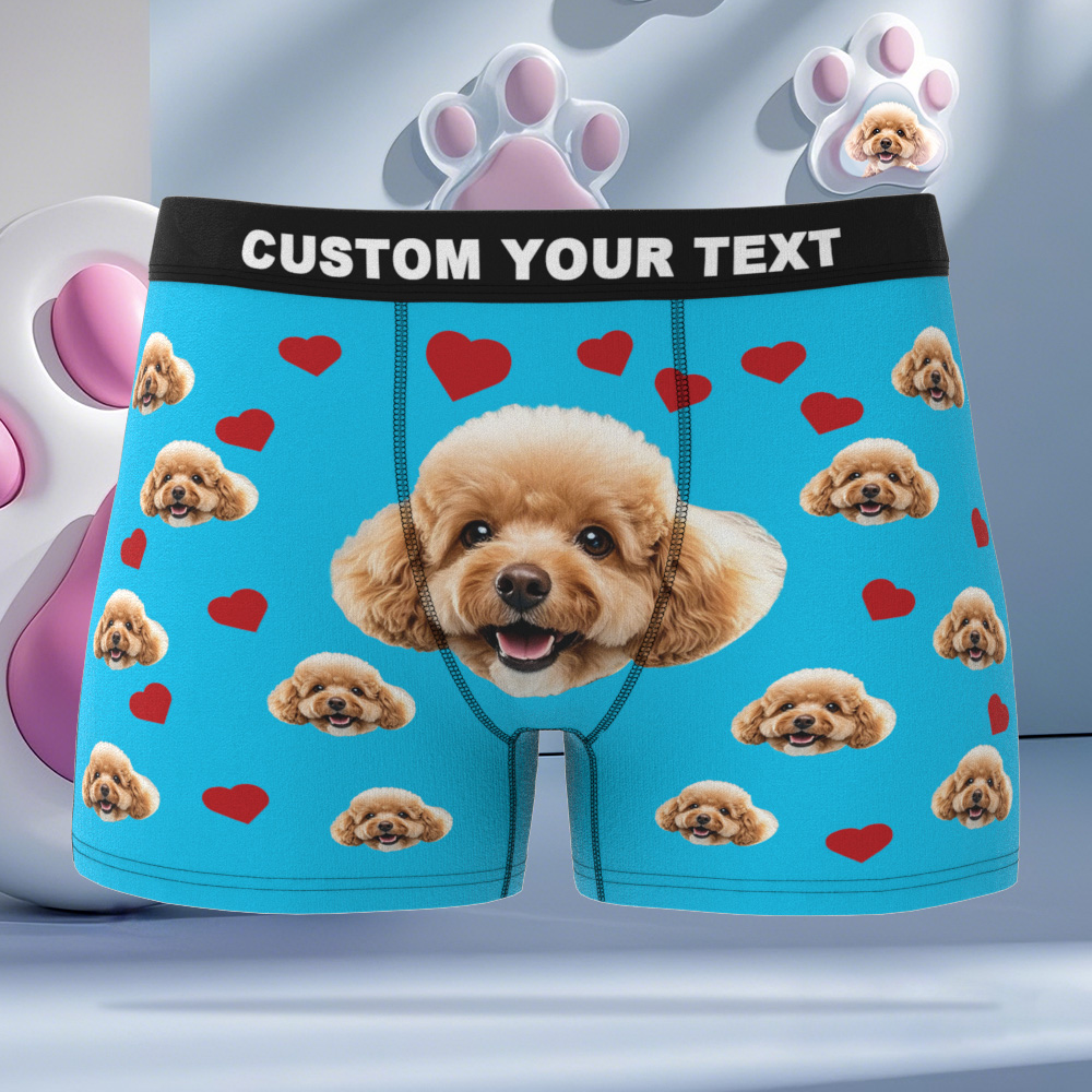 Custom Boxers with Pet Photo Men Underwear with Pet Face Personalized Blue Boxer Briefs with Tex Birthday Gift for Pet Dad Valentine's Day - Bestchristmasgifts