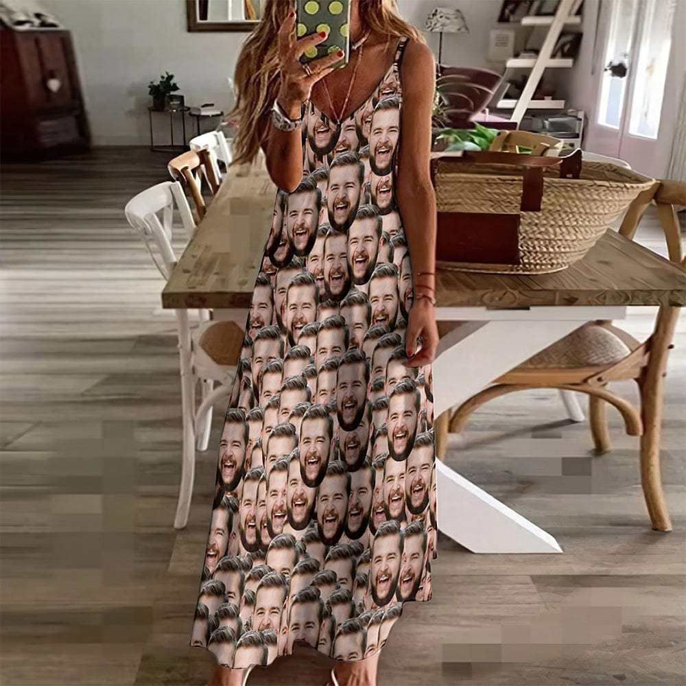 Custom Face Hawaiian Style Face Mash Long Dress And Shirt Family Matching - Giftlab