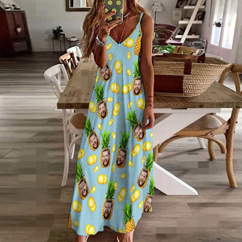 Custom Face Hawaiian Style Big Pineapple Long Dress And Shirt Family Matching - Giftlab