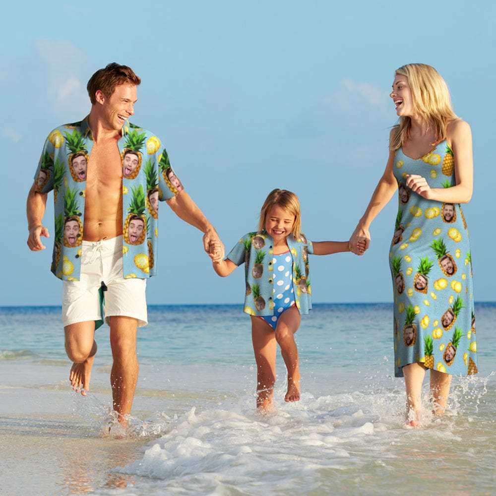 Custom Face Hawaiian Style Big Pineapple Long Dress And Shirt Family Matching - Giftlab