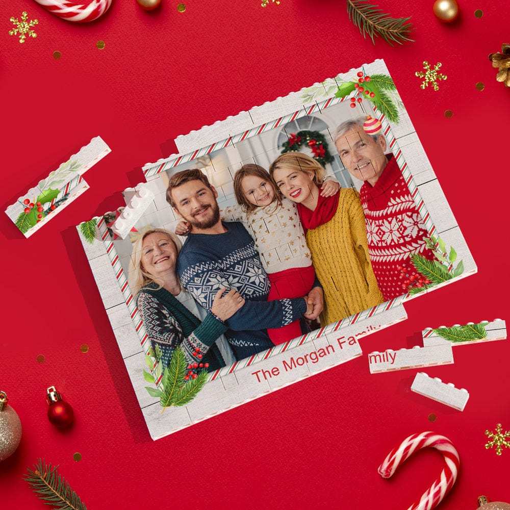 Custom Building Block Puzzle Horizontal Trio Photo Brick Happy Family Merry Christmas - Giftlab