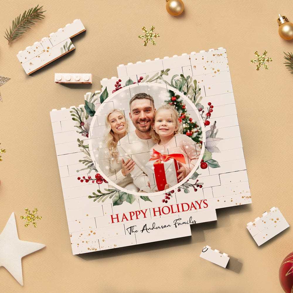Custom Building Block Puzzle Square Family Photo Brick Happy Holidays - Giftlab